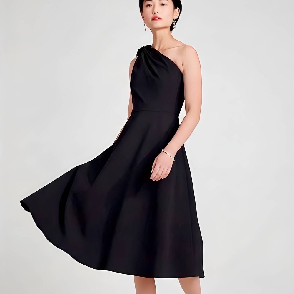 Kate Spade New York Black Twil One Shoulder Bow Midi Dress Sz 4 NEW